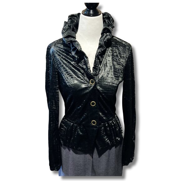 JOSEPH RIBKOFF Tall ruffle collar black jacket ~ Office goth SMALL MEDIUM blazer - Picture 4 of 16
